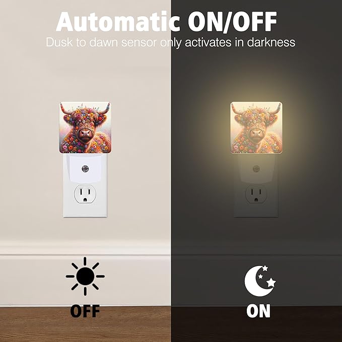 Highland Cow Night Lights Plug into Wall for Girls Boys Room, Night Lights LED Lamp with Dusk to Dawn Sensor Nightlight for Bedroom Kitchen Bathroom Hallway Home Wall Decor