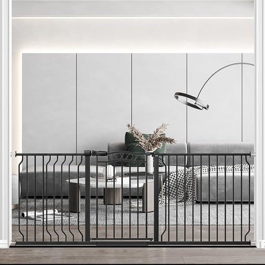 67.3-81.1" Extra Wide Baby Gate for Stairs No Drilling, 30" Tall Auto Close Press Mounted Baby Gate for Doorways, Adjustable Width Walk Through Long Gates for Kids or Pets, Black
