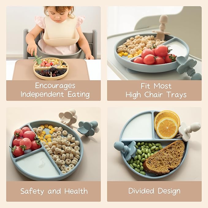 Moonkie Suction Plates for Baby | 100% Silicone BPA-Free Baby Plates with Lids and Food Cover | Divided Design | Microwave and Dishwasher Safe | Toddler Plates 2 Pack