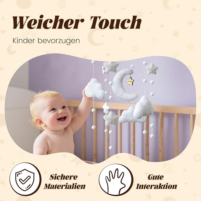 Boho Cloud Moon Crib Mobile Kids Room Accessory Baby Mobile for Crib Neutral Clouds, Moon & Stars Design Mobile for Boys & Girls