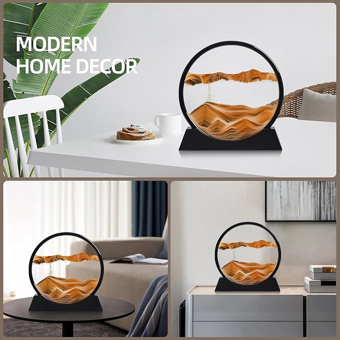 Moving Sand Art Liquid Motion, 3D Deep Sea Sandscape Color Quicksand Decor, Round Glass Moving Sand Art Picture Relaxing Desktop Home Office Work Decor (Orange, 12 inch)