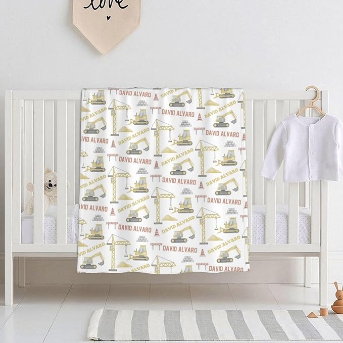 Ship Next Day, Personalized Baby Blanket for Boys Girls - Printed in USA, Custom Name Toddler Blanket with Excavator Pattern, Perfect Newborn Gift