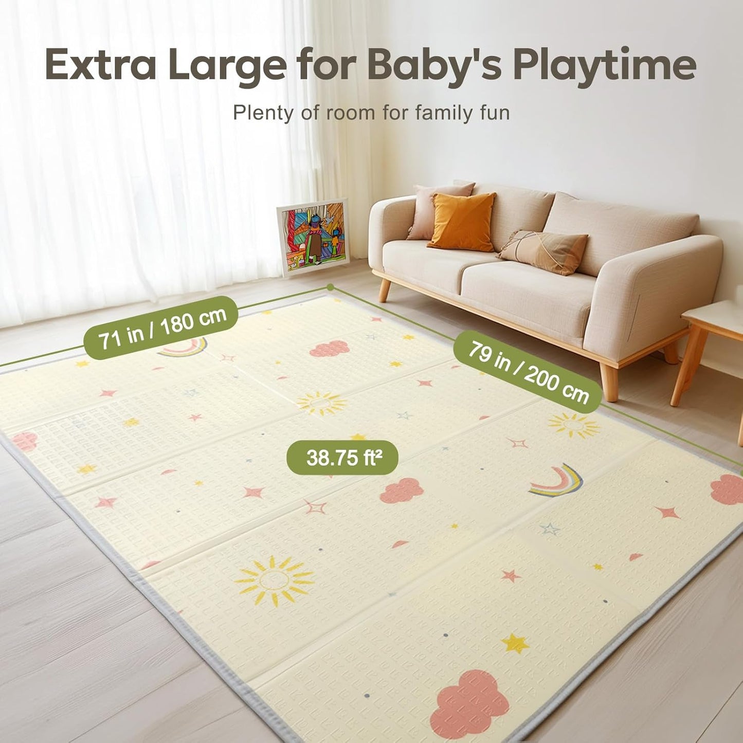Extra Large Foldable Play Mat, Reversible Baby Play Mat with Edge Reinforcement, Non-Toxic & Waterproof Baby Mat for Floor, Foam Playmat with Travel Bag, Rainbow, Cloud & Moon, 79"x71"