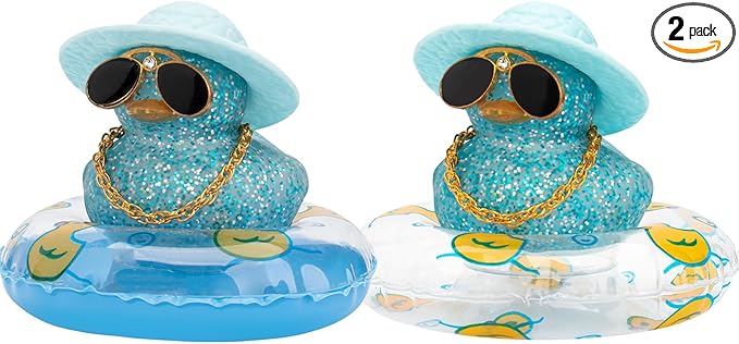 wonuu 2Pcs Car Dashboard Decorations Color Ducks, Rubber Duck for Car Ornament Accessories with Mini Hat Sunglasses Necklace and Swim Ring, B_Blue Duck+Blue Sun Hat&Blue Sun Hat