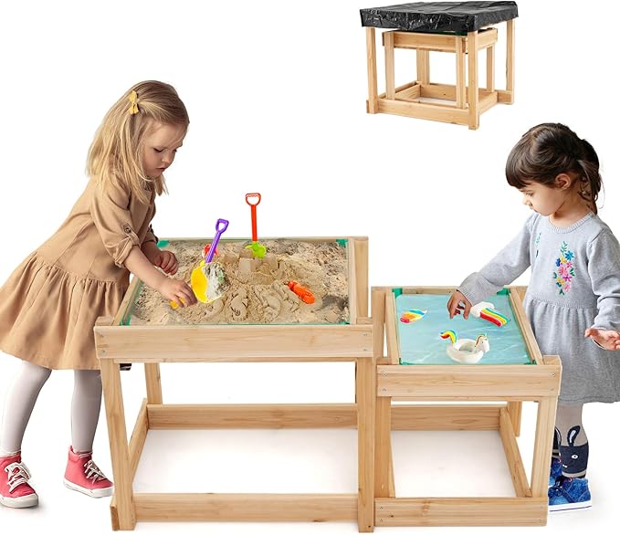 Costzon 2 PCS Wood Kids Sensory Table with Protective Cover, Built-in Liner, Space-Saving Nesting Design for Yard, Garden, Beach, Outdoor Play, Sand and Water Table for Children