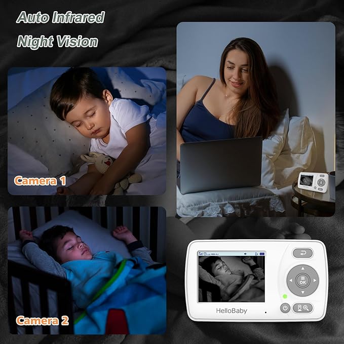 HelloBaby Monitor with 2 Cameras, 2.4'' Portable Travel Screen Baby Monitor No WiFi, 1000ft Long Range Video Baby Monitor, Night Vision, VOX Mode-Power Saving, Baby Safety Camera,for Baby/Pet/Elder