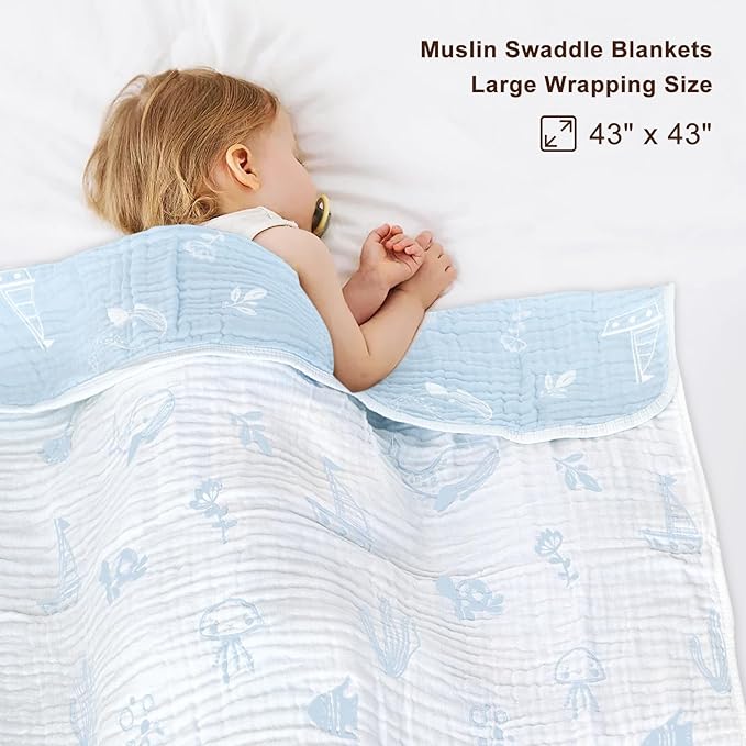BOPRIO Muslin Baby Blanket Ultra Soft and Lightweight Versatile Swaddle and Bed Blanket for Baby Toddler Essentials Infant Shower Items, 43 x 43 Inch (Blue Ocean)