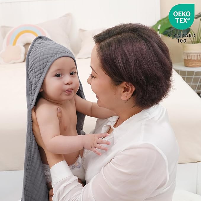 david's kids 2 Pack Hooded Baby Towels, 100% Muslin Cotton 6-Layer Ultra Soft Breathable Absorbent Baby Bath Towels for Infant and Toddler, Newborn Essentials, Large 32x32Inch, White & Grey