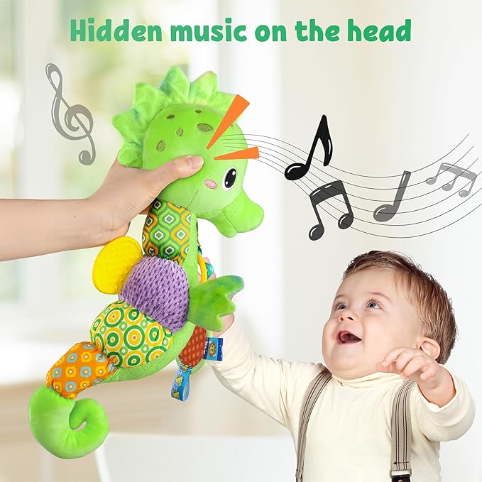 LIGHTDESIRE Baby Toys Musical Seahorse Stuffed Animals Infant Toys 0-6-12 Months with Mirror|Rattles|Crinkle|Baby Teething Toys,Sensory Toys for Tummy Time Newborn Boys Girls Gifts(Lime Green)