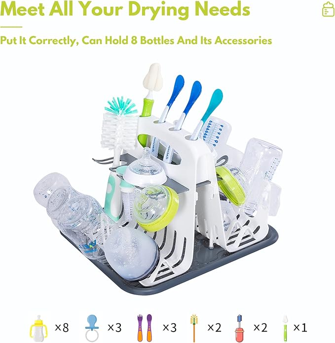 High Capacity Drying Rack with 5pcs Brushes, Deluxe Countertop Drying Rack, Universal Drying Station, Baby Bottle Drying Rack with Bottle Brushes, White