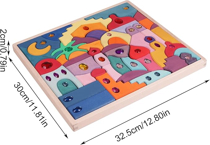 52PCS Wooden Acrylic Gem Blocks, Translucent Cubes Stacking Toys Natural Wood Creative Game Blocks Educational Toys for Children (Moon Beach Gemstone Blocks)