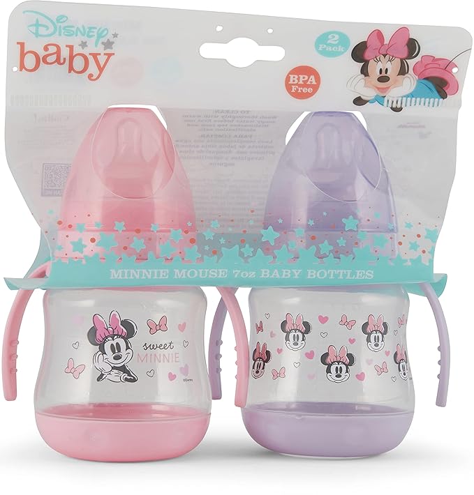 Disney 2 Pack 7 Ounce Baby Bottles with Character Prints and Colored Covers with Double Handle - BPA Free and Easy to Clean