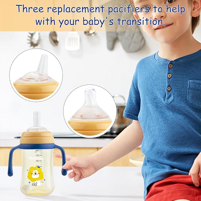 Qshare Sippy Cups For Toddlers, Weighted Straw Learner Cup with Handle for Babies, Water Bottle for Baby 6 Months with 3 Type of Spout, 8 Ounce (Yellow)