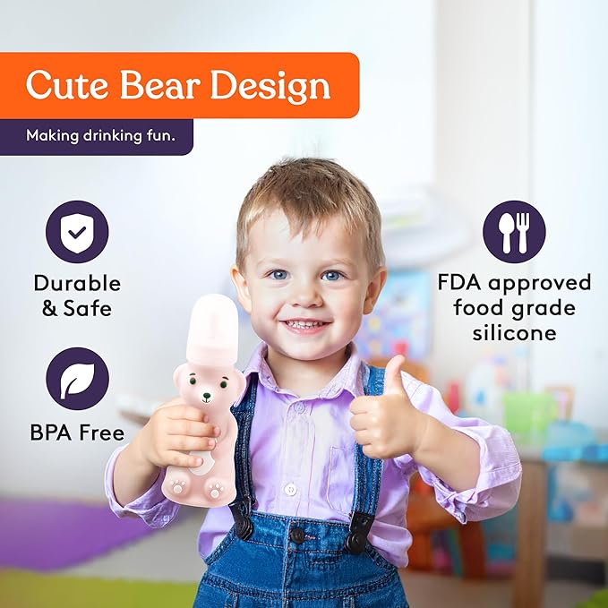 Special Supplies Honey Bear Straw Cup Long Straws, Squeezable Therapy and Special Needs Assistive Drink Container, Spill Proof and Leak Resistant Lid (Pack of 1 Bottle and 3 Straws) (Pink)