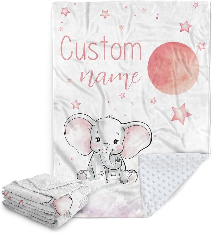 Personalized Baby Blanket, Customized Newborn Blankets with Name, Soft Receiving Blanket for Girl Boy, Pink Elephant Double Layer Dotted Swaddle, Nursery Toddler (60"x80")
