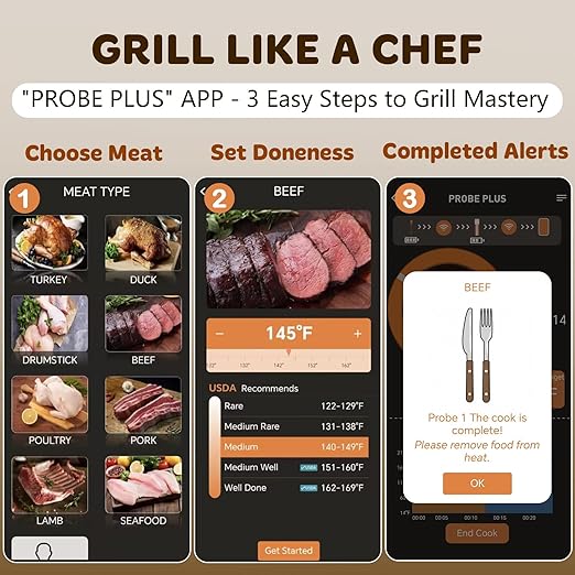 Real-Time Alerts Wireless Meat Thermometer - Smart Bluetooth Meat Probe for Grill, BBQ, Oven, Smoker - Long Range Bluetooth, Accuracy Temp, Dishwasher Clean, Waterproof - Perfect for BBQ Lovers