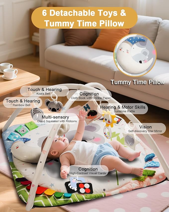 Baby Play Gym with 4 Developmental Zones – Tummy Time Mat & Activity Mat with 6 Sensory Toys, Visual Cards & Pillow – Baby Essentials & Ideal Gift for Newborns
