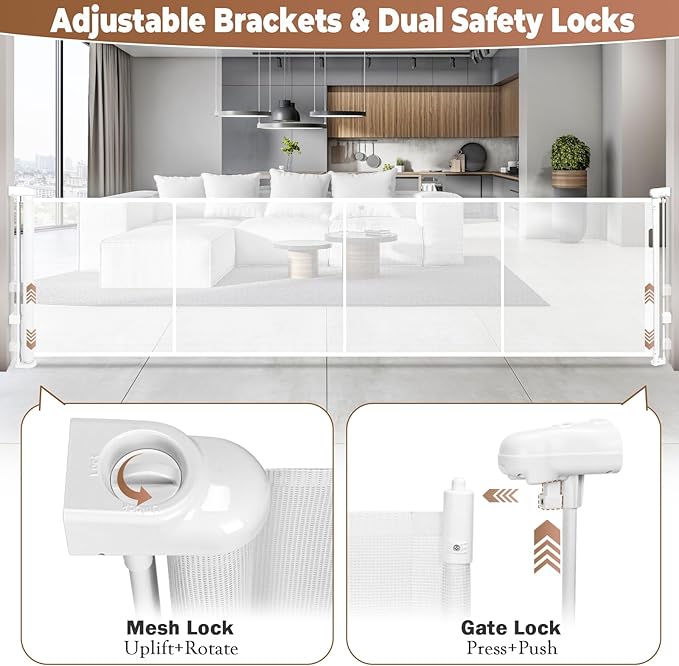 200.1" Retractable Baby Gate Extra Wide, 41" Tall Retractable Dog Gate for Stairs, Doorways, Decks, Mesh Gate Long Child Gate Pet Gate for Indoor, Outdoor, with Reinforced Mesh Rods, Dual Locks