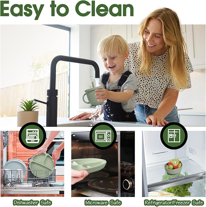 Baby Led Weaning Supplies, 17 Piece BPA-Free Silicone Feeding Set, Eating Essentials Baby Utensils with Suction Plate and Bowl, Pocket Bib, Sippy Cup with Lid, for 6+ Months, Green