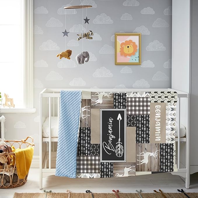 Custom Baby Blanket, Personalized Name Baby Blanket for Boys Girls, Woodland Deer Double Layer Dotted Backing Receiving Swaddle Blankets, Nursery Newborns New Parents Customized Gifts(30"x40")