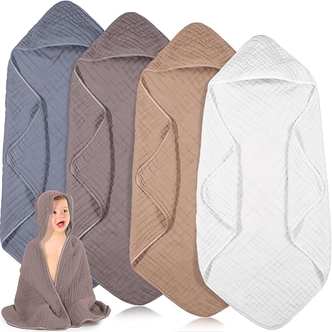 Peryiter 4 Pcs Muslin Hooded Baby Towels, 32"x 32" Cotton Newborn Bath Towel Muslin Infant Baby Blankets Absorbent Unisex Christmas Registry Gift Essentials for Girls Boys (White,Coffee,Blue)
