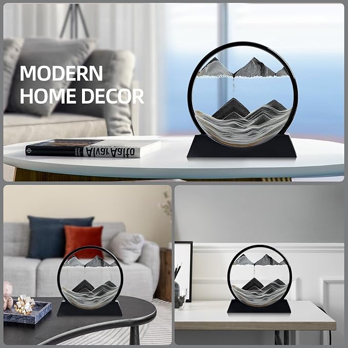 Moving Sand Art Liquid Motion, 3D Deep Sea Sandscape Color Quicksand Decor, Round Glass Moving Sand Art Picture Relaxing Desktop Home Office Work Decor (Black, 12 inch)