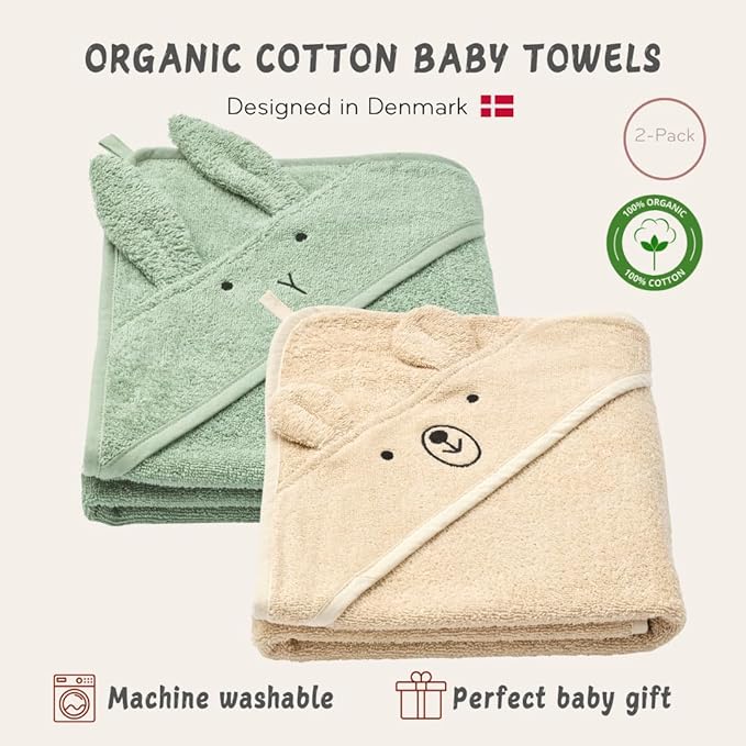 Baby Hooded Towel – Organic Cotton Baby Bath Towels, 32" x 32" Super-Soft and Absorbent Baby Towels for Newborn 2-Pack (TW Bear Fog/R. Roman Green)