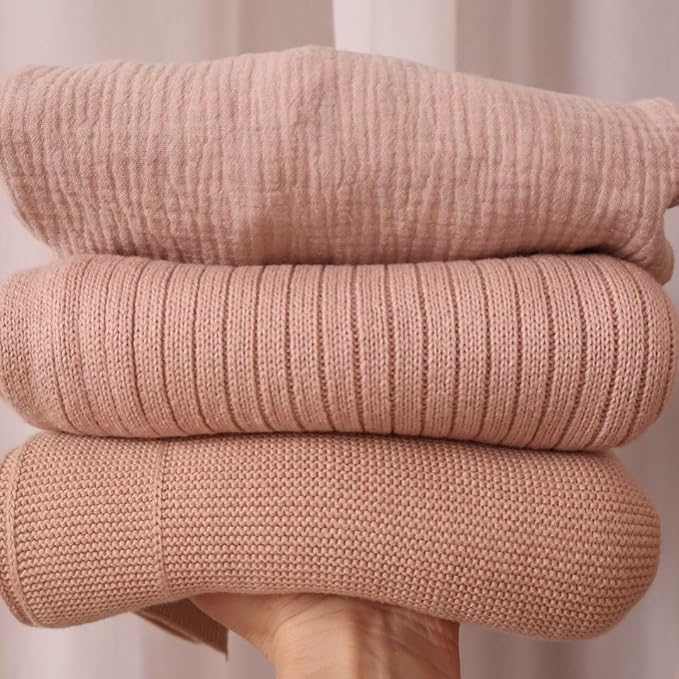 Knitted Organic Cotton Baby Blanket- Swaddle Blanket, 30" x 40" Soft Receiving Blanket for Newborn 2-Pack (Soft White and Blush)