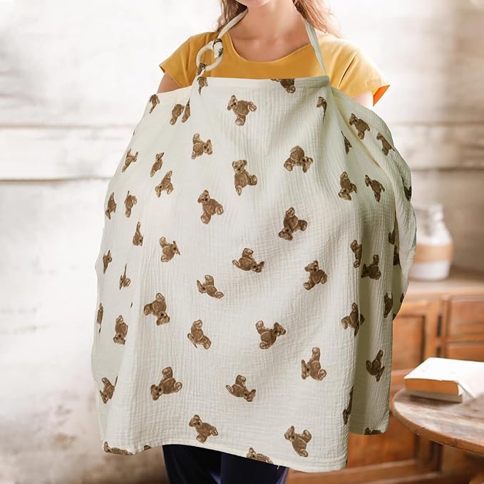 Muslin Nursing Cover for Baby Breastfeeding, Breathable 100% Cotton Breastfeeding Cover with Rigid Hoop for Mother Nursing Apron, Multi-use Carseat Canopy (Bear)