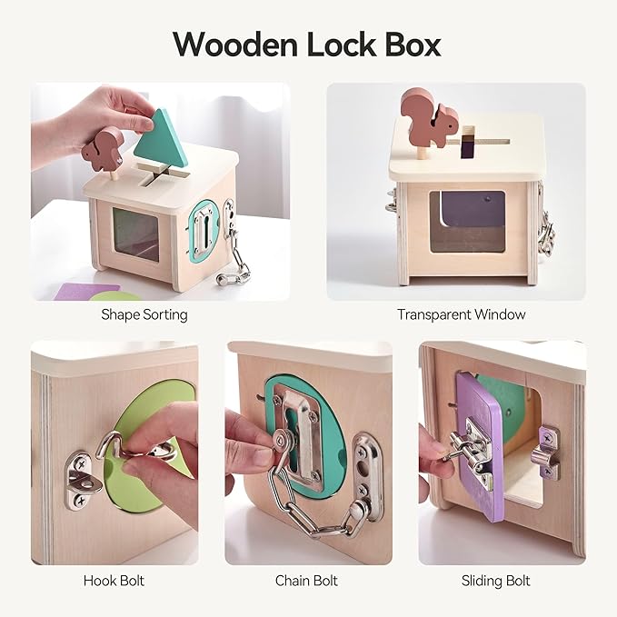 Wooden Lock Box STEM Learning Toys for Kids - Montessori Puzzle Cube with 3 Types of Locks (Hook/Chain/Sliding Bolt), Shape Sorting - Early Educational Fine Motor Skills for Boys & Girls