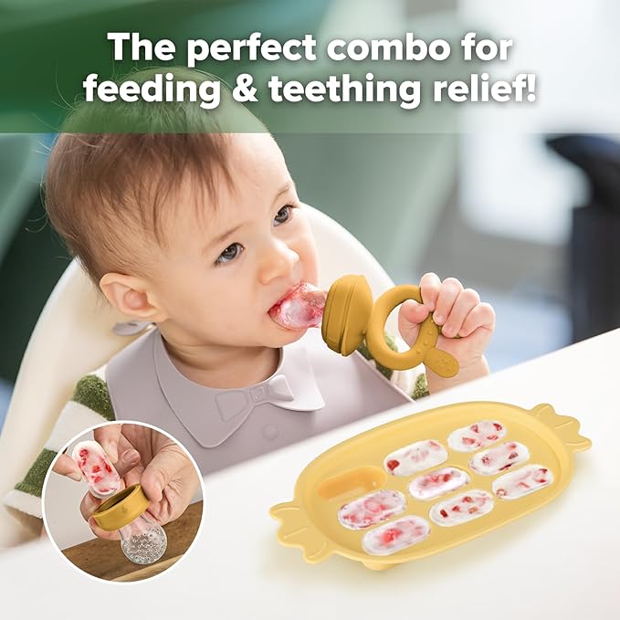 Haakaa Baby Fruit Food Feeder & Silicone Nibble Tray Combo - Breastmilk Popsicle Mold for Baby Cooling Relief, BPA Free Baby Mesh Feeder for Infant Self Feeding