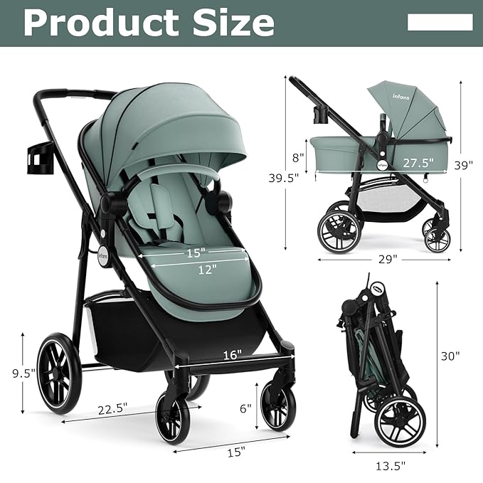 INFANS 2 in 1 Baby Stroller, High Landscape Infant Stroller & Reversible Bassinet Pram, Foldable Pushchair with Adjustable Canopy, Cup Holder, Storage Basket, Suspension Wheels (Green)