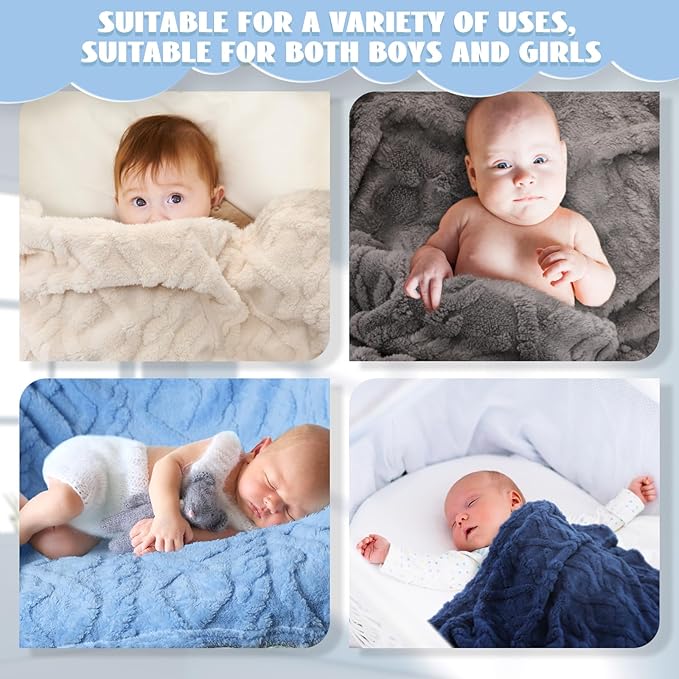 VitalCozy 4 Pcs Fluffy Baby Blanket Fleece 30" x 40" 3D for Boys Nursery Little Girl Infant or Newborn Receiving Swaddling Blankets(Blue Set)