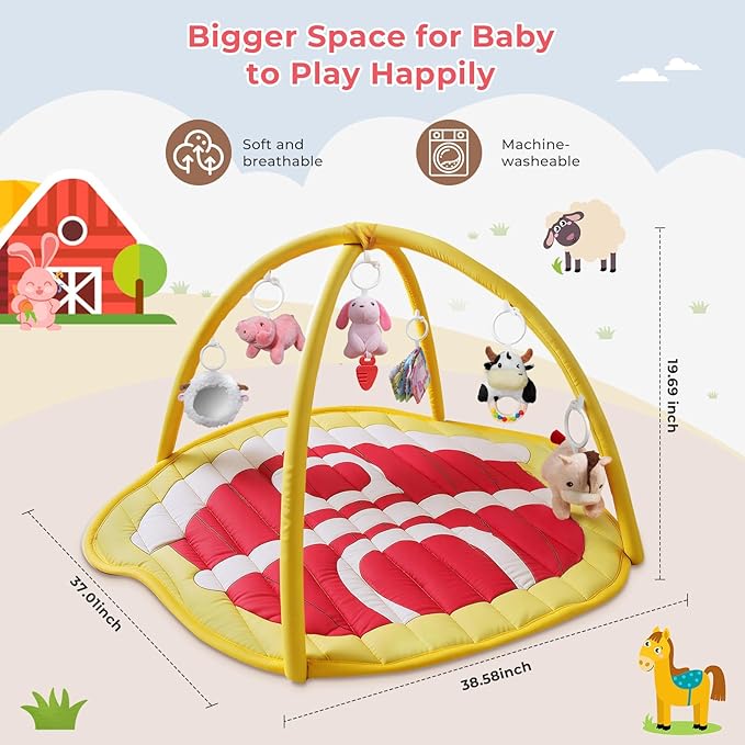 IPOZITO Baby Play Mat with Hanging Rattles, Baby Activity Mat for Sensory Development, Baby Tummy Time Play Mat to Improve Motor Skills and Visual Tracking