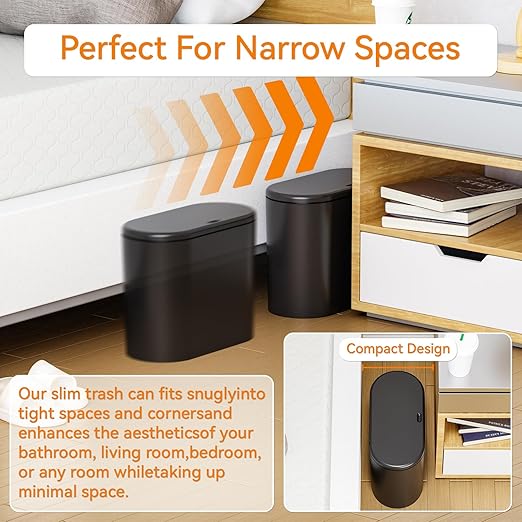 Yieach Black Slim Bathroom Trash Can With Lid 3.17 Gallon,Skinny Small Kitchen Garbage Can and Pet/Dog Proof Trashcans for Office,RV,Bedroom and Dorm,12L Plastic Covered Trash Can and Wastebasket,2PCS