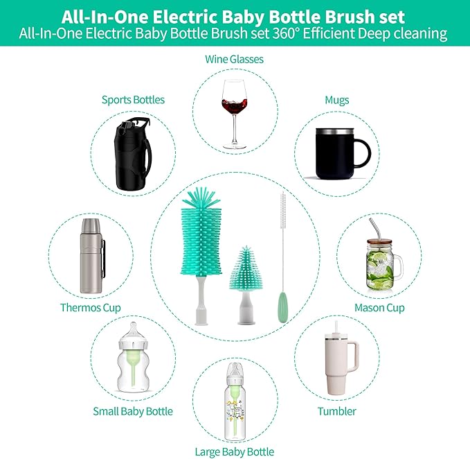 Electric Bottle Brush Cleaner New Upgrade, Portable Electric Baby Bottle Brush Cleaner for Travel, Travel Bottle Cleaner Kit with Nipple & Straw Brush, Perfect Mom Essentials After Birth Gift, Green