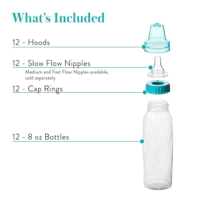 Evenflo Feeding Classic Clear Plastic Standard Neck Bottles for Baby, Infant and Newborn - Teal/Green/Blue, 8 Ounce (Pack of 12)