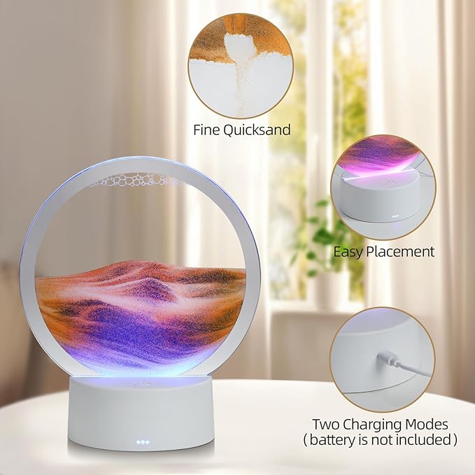 Moving Sand Art Liquid Motion, 3D Deep Sea Sandscape Color Quicksand Decor, Round Glass Moving Sand Art Picture Relaxing Desktop Home Office Work Decor (Orange, 6 inch)