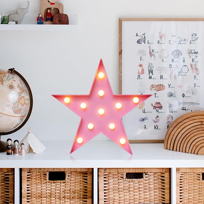 LED Marquee Star Sign Night Light, Battery Operated Star Shaped Desk Table Lamp for Kids, Baby, Child, Girl Gift, Nursery Room, Wall Decor (Pink)