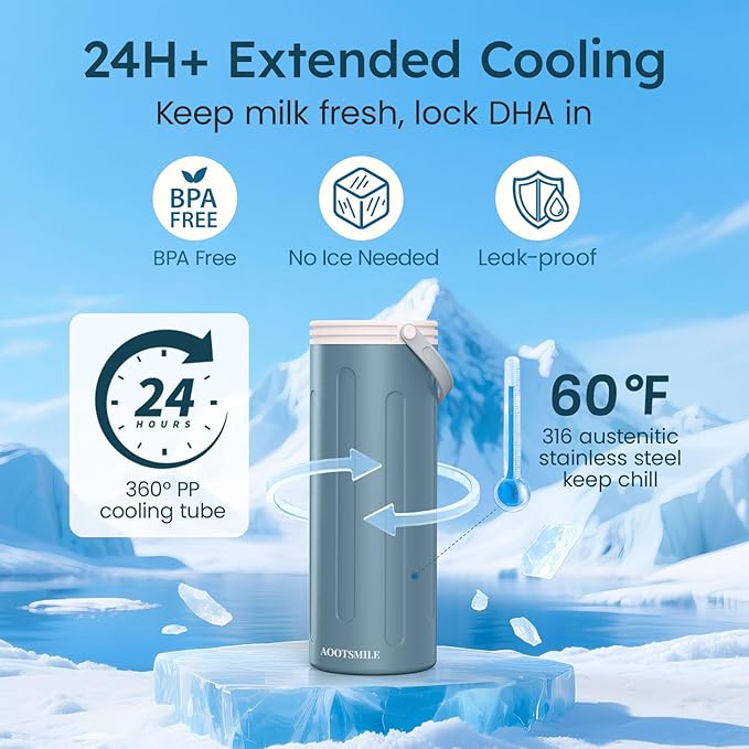 Portable Breast Milk Cooler for Travel, 22oz Large Capacity Breastmilk Chiller for Working Moms, 360° Cooling Keeps Milk Chilled 24 Hours, Includes 2 Baby Bottles, Breastfeeding Essentials