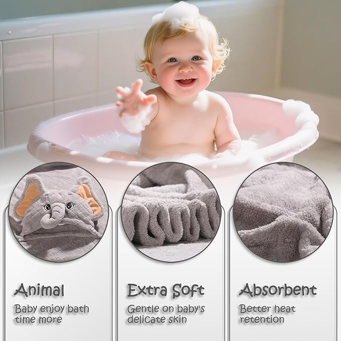 Baby Bath Towels with Hood, 50" x 32" Toddler Hooded Towels 0-5 Years,2-Pack Toddler Bath Towel Soft Absorbent with Animal Hood, Baby Bath & Hooded Towel