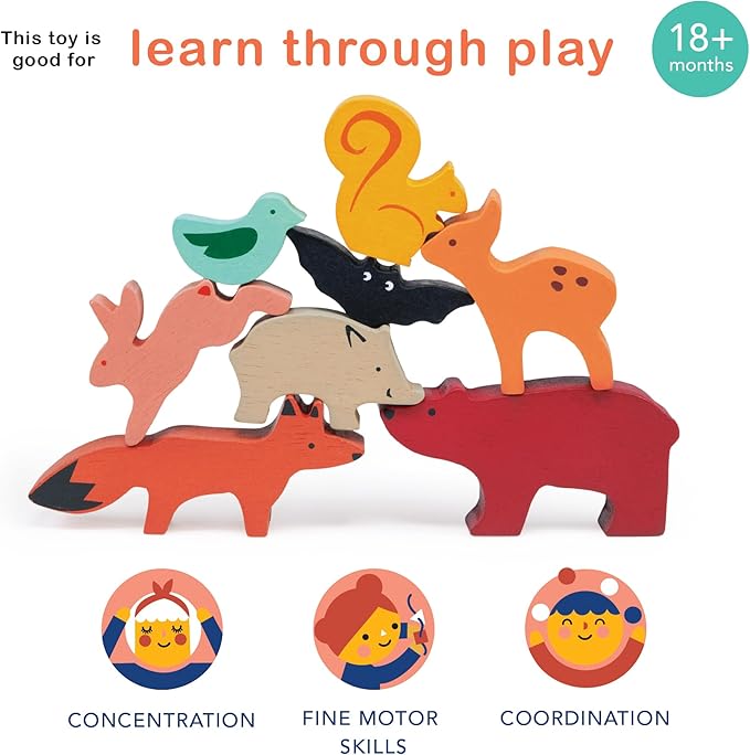 Mentari Toys - Happy Stacking Forest - 8pc Wooden Stacking Toy for Toddlers - Colorful Nature Theme Balancing Activity Toy with Bag - Boost Fine Motor Skills and Dexterity - Educational Toy - Age 18m+