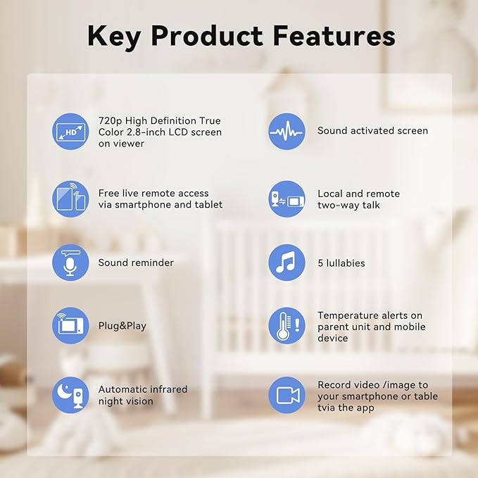 Baby Monitor with Camera and Audio, Video Baby Monitor WiFi Night Vision, 2.8" LCD Screen Baby Camera VOX Mode Alarm and 1200ft Long Range