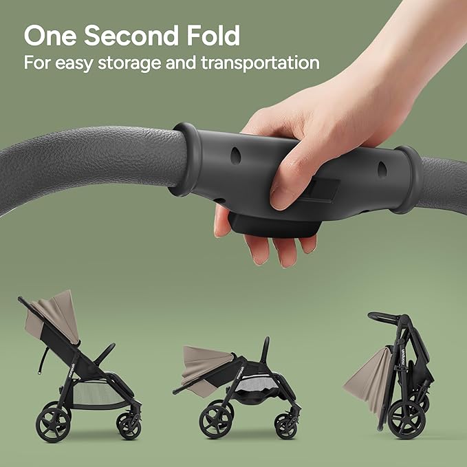 Mompush Nova Baby Stroller for Toddler, Infant & Newborn | Spacious Seat & Lie-Flat Mode | Compact One-Hand Fold, UPF 50+ Canopy & All-Wheel Suspension | Includes Rain Cover & Cup Holder, Khaki