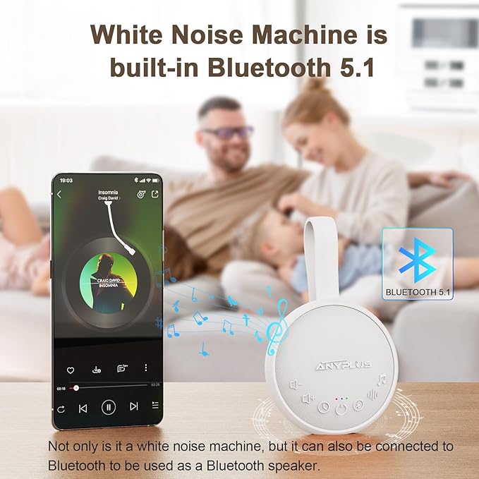 White Noise Sound Machine for Sleeping Adults & Baby, Portable Noise Machine with 24 Soothing Sounds, Bluetooth 5.1, Battery Powered, 3 Timer Settings, Memory Function for Home, Office, Travel (White)