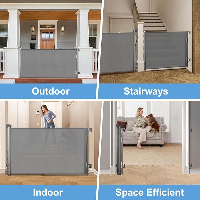 2-Pack Retractable Baby Gate for Stairs-33”Height, Expands up to 55”Width-Safety Gate for Infants, Toddlers, Dogs & Pets-Easy Install, Secure Closure, Gray Mesh Design for Indoor & Outdoor Use