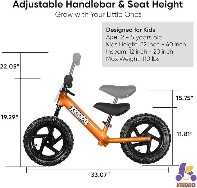 KRIDDO Toddler Balance Bike 2 Year Old, Age 18 Months to 5 Years Old, 12 Inch Push Bicycle with Customize Plate (3 Sets of Stickers Included), Gift Bike for 2-3 Boys Girls, Orange