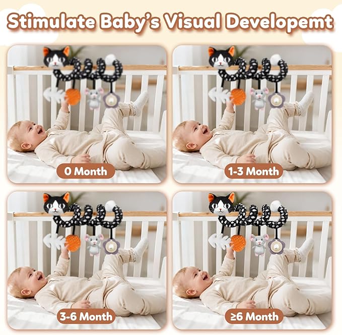 Baby Carseat Toy Black & White Rattle Spiral Hanging Activity Stroller Toy for Newborns Boys and Girls - Cat
