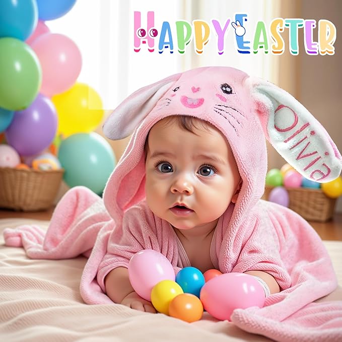 Custom Hooded Bath Towel with Name, Personalized Highly Absorbent Bunny Towels, Baby Bath Towels for Girls Boys, Easter Brithday Shower Gifts for Baby, Toddler, Newborn (Blue)