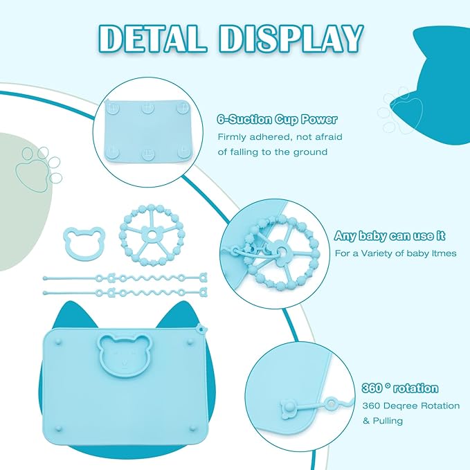 2 Pack Baby Silicone Mat with Suction Base and 4 Stretchable Straps, 6 Strong Suction Cups, Baby Placemats, Activity Mat for Infants to Toddlers, Keeps Babies Essentials Off The Floor Green Blue